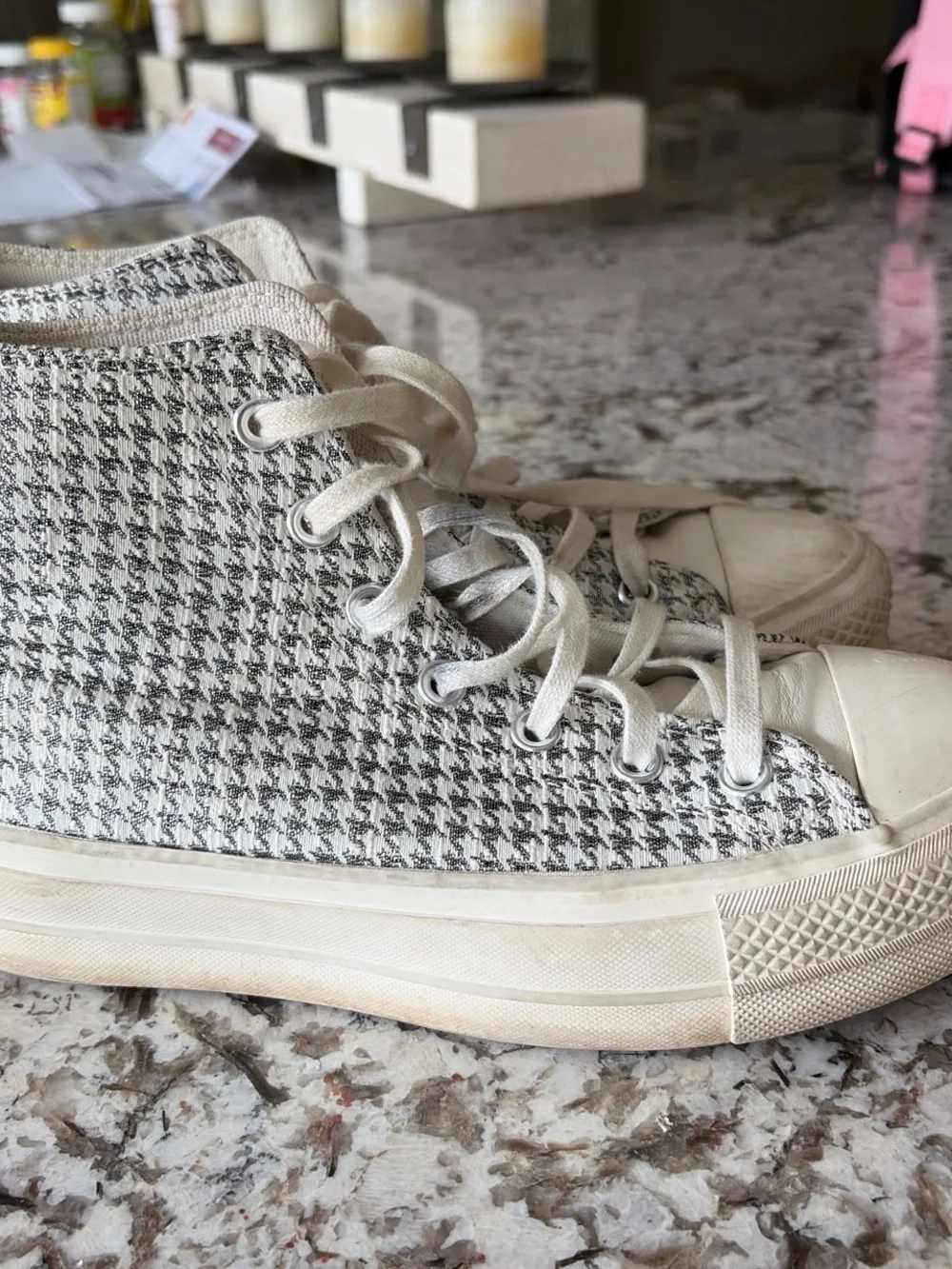 Converse High Top Sneakers in Cream and Silver Houndstooth